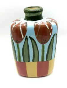 Jarrón de cerámica arte pintado a mano Droll Designs rayas tulipanes caprichoso retirado - Imagen 1 de 6