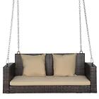 48.6"l 2-person Patio Rattan Hanging Porch Swing Bench Chair Beige Cushion