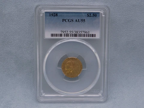 PCGS Certified 1928 Indian Head $2.50 Gold Quarter Eagle Coin AU55 Cover