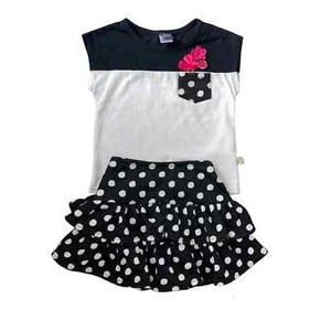 Girls 6 2 Piece Black & White Polka Dot Ruffle Skirt Short Sleeve Pocket Tee Set - Picture 1 of 3
