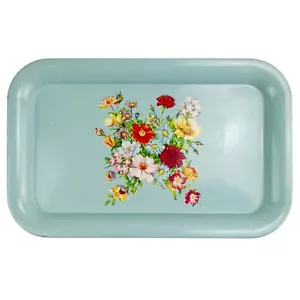 Vintage Metall Blumen TV Tablett Schoß Tablett 1950er Landhaus Aqua Blau Bouquet 9" x 14" - Bild 1 von 13