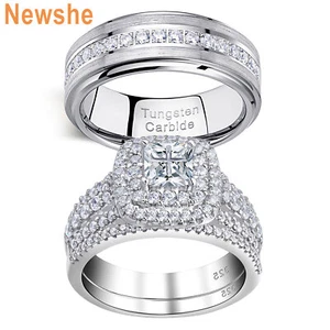 Newshe Wedding Engagement Ring Sets for Men Women Sterling Silver Princess Cz  - Picture 1 of 53