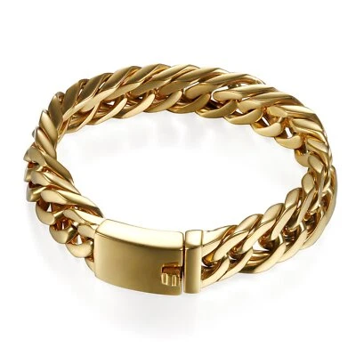 Brazalete de acero inoxidable tono dorado de cadena cubana de bordillo pesado grande de 8,7" para hombre*15 mm Foto 1 de 4