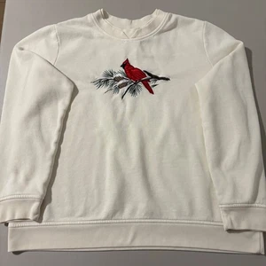 Kim Rogers Petite LG cremefarbenes besticktes Sweatshirt mit Kardinalmuster Vogel Rundhalsausschnitt 90er - Bild 1 von 7