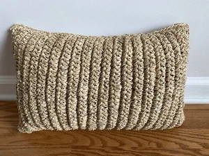 CRATE & BARREL BILBY RAFFIA PILLOW / With Feathers Insert NATURAL 18”x 12” - Picture 1 of 7