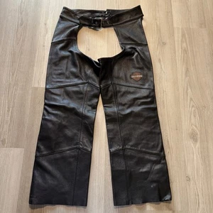 Men's Harley Davidson Motorcycles Black Leather Biker Shield Chaps Pants Large - Picture 1 of 11