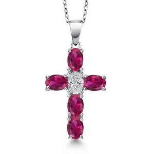 925 Sterling Silver Created Ruby and Lab Grown Diamond Cross Pendant Necklace - Picture 1 of 6