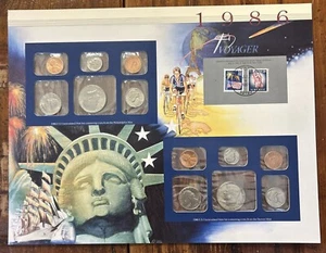1986 Uncirculated Mint Set Postal Commemorative Society Coins & Stamps Panel - Picture 1 of 7