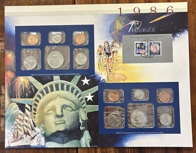 1986 Uncirculated Mint Set Postal Commemorative Society Coins & Stamps Panel - Image 1 of 4