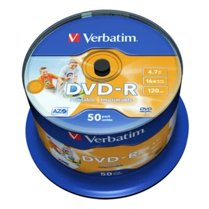 50 DVD-R Verbatim PRINTABLE No ID Print STAMPABILI 4,7GB 16x Cake Box 43533 - Foto 1 di 3
