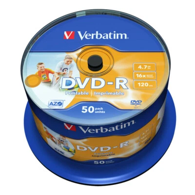 50 DVD-R Verbatim PRINTABLE No ID Print STAMPABILI 4,7GB 16x Cake Box 43533 - Immagine 1 di 3