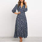 Autumn Womens Floral Print Party Maxi Dress Long Sleeve V Neck Pullover Dress Us