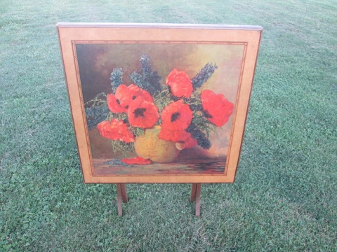 Antique Folding Card Table w Floral Print on Front - Stands for Decoration Cover