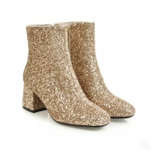 Women Biker Motorcycle Ankle Boots Sequins Glitter Square Toe Mid Heel Shoes New - Picture 1 of 16