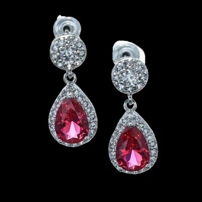 925 Sterling Silver 6x8.5mm Pear Ruby Drop 3/4'' Earrings Gemstone - Image 1 of 2