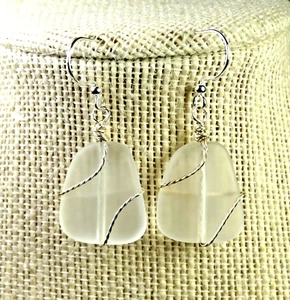 FROSTED CRYSTAL WHITE Cultured sea glass Handwrapped w silver drop earrings - Picture 1 of 4