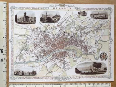Old Antique Victorian map & vignettes Glasgow, Scotland 1800's Tallis Reprint  - Image 1 of 4