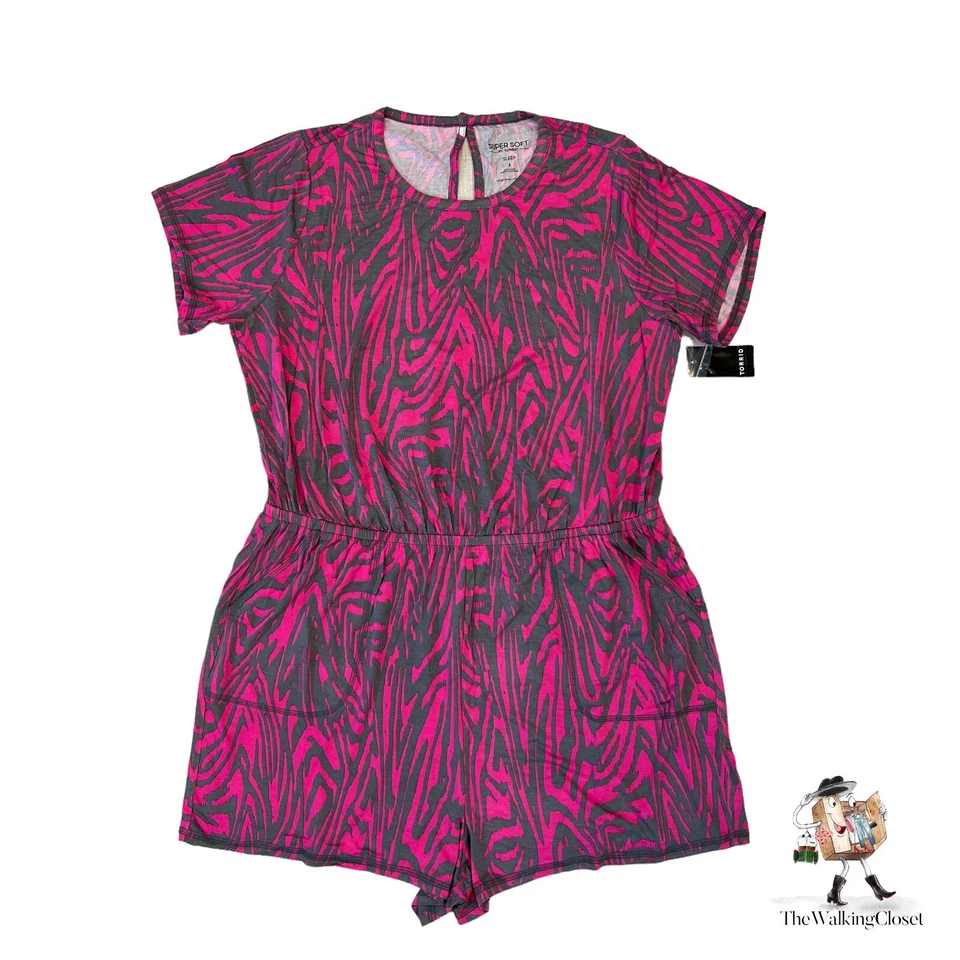 Torrid Romper Plus 1X Zebra Pink Elastic Waist Shorts Keyhole Surplice Back