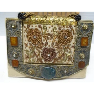 Maximalist Beaded Evening Bag w/ Simulated Stones & Silk Fabric Boho - Picture 1 of 8