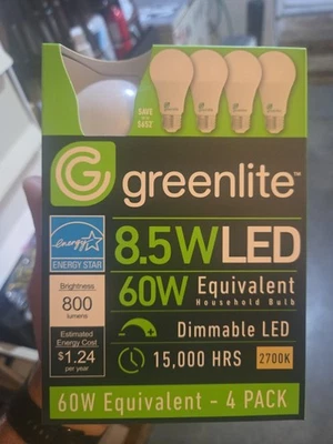Greenlite 8.5W LED 60W Equivalent Dimmable LED, 15,000 Hours, 2700K - Image 1 of 4