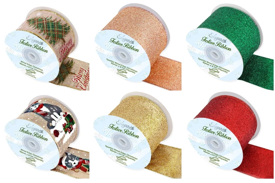 Christmas Ribbon Roll Wired Edge 60mm  63mm - Festive Wreath/Gift  Decoration - Image 1 of 1