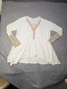 Free People Medium White Flowy Long Sleeve Ring Cuffs Boho Beachy Shirt Cotton - Picture 1 of 10