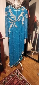 Vintage Lillie Rubin Blue & Blue Silk - Silver Bead/Pearls Diagonal Hem Dress 14 - Picture 1 of 11