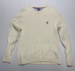 Tommy Hilfiger Pullover Zopfmuster Elfenbein Creme Baumwolle Pulli L Logo Wappen Prepp - Bild 1 von 6