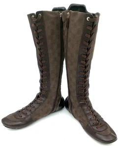 Gucci Botas Mujer Talla 8.5 US 38.5 Marrón GG Monograma Lona Cuero Cremallera Alta - Imagen 1 de 24