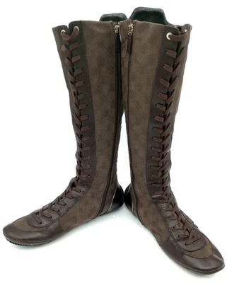 Gucci Botas Mujer Talla 8.5 US 38.5 Marrón GG Monograma Lona Cuero Cremallera Alta Foto 1 de 4
