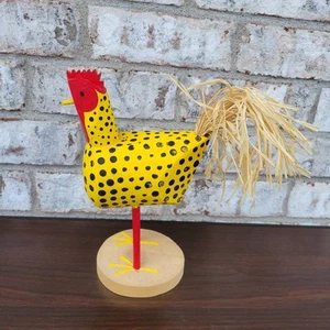 Handcrafted Wooden ROOSTER Yellow Red Black Strawtail Signed Folkart 9x5.5 - Picture 1 of 10