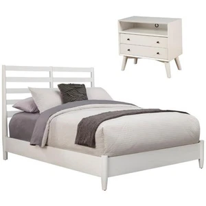 Home Square 2 Piece Set with Large Nightstand and Full Wood Bed in White - Picture 1 of 16