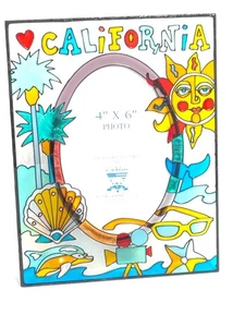 California Themed Stained Glass Colorful Picture Frame Sun Beach Sea For 4x6" - Picture 1 of 14