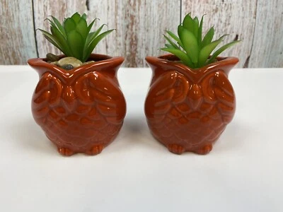 Juego de 2 - Mini jardineras de búho planta suculenta sintética 4" naranja rústica - nuevas con etiquetas Foto 1 de 4