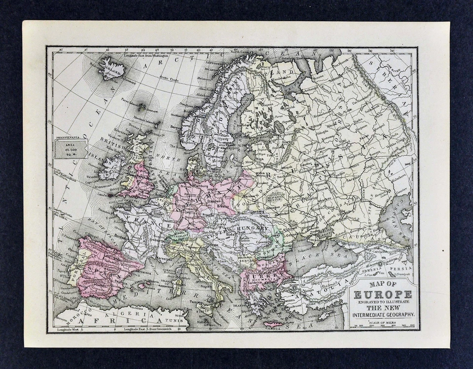 1876 Mitchell Map - Europe - Spain Germany Italy France Austria Sweden Greece - Image 1 of 1