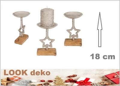 Portacandele In Metallo A Stella M Design Argento Su Base In Legno Altezza 18 Cm - Immagine 1 di 4