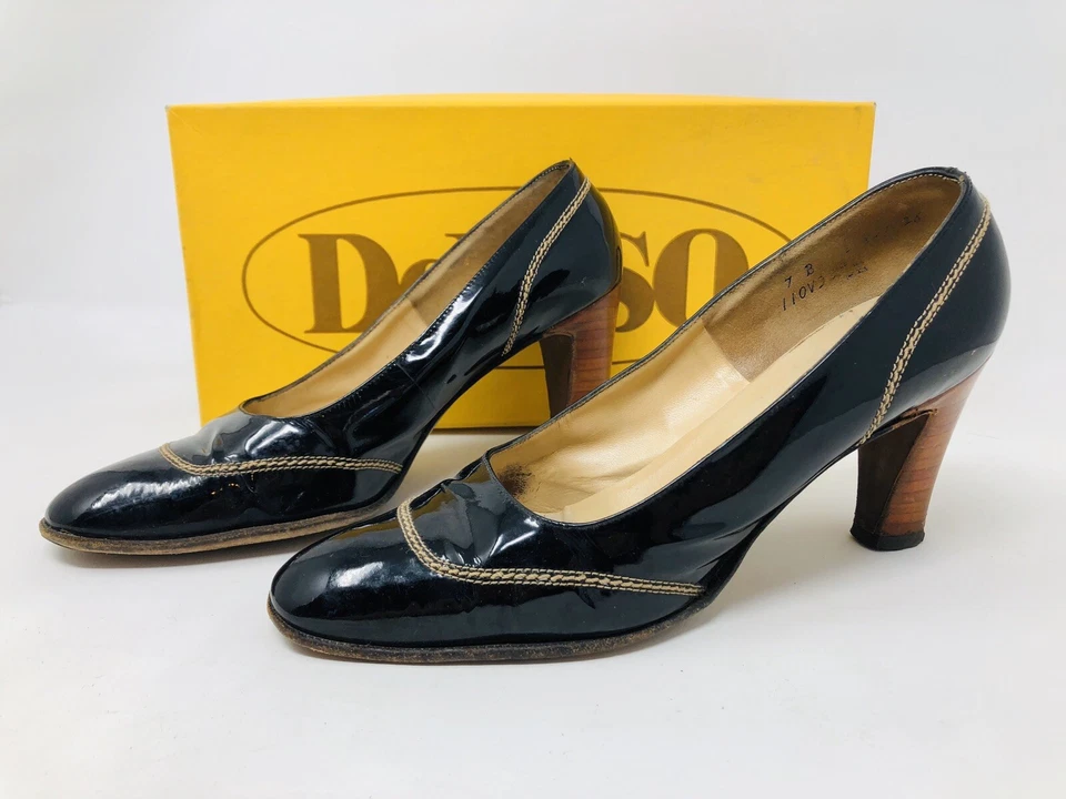 Zapatos de salón vintage DeLiso de charol negro madera punta cerrada talla 7B MB19 Foto 1 de 4