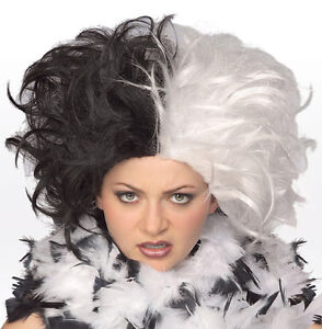 Womens Cruella Wig Black White Split Half Afro Style Fancy Dress Costume Adult