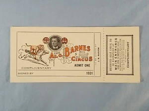 1931 Vintage AL G Barnes Big 5 Ring Wild AnimalCircus Complimentary Ticket Full - Picture 1 of 2