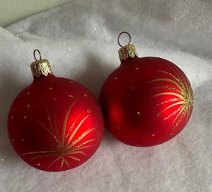 2 Red Mercury Glass Hand Paint Glitter Christmas Ball Ornament Gold Fireworks - Picture 1 of 3