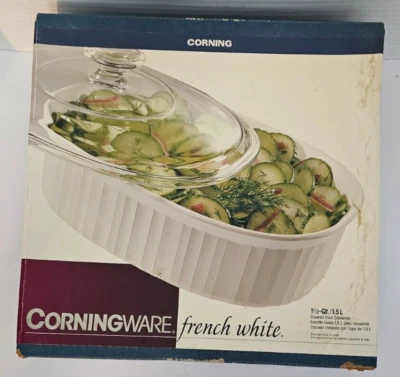 Cazuela ovalada cubierta vintage Corningware blanca francesa 1 1/2 cuartos 1,5 L Foto 1 de 4