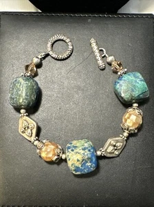 Chunky Azurite Malachit Gemstone Silver Tone Abalone Mop Mosaic bracelet - Picture 1 of 6