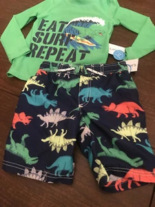 NWt carters dinosaur 5 rash guard shirt swimming trunks set top boys $60 NEON - Picture 1 of 7