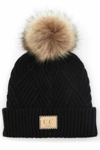 C.C Kids Diagonal Stripes Criss Cross Cable Knit Soft Pom Beanie Hat 2-6yr - Picture 1 of 16