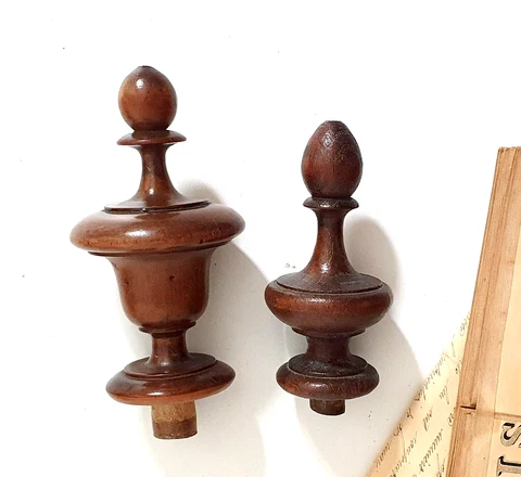 2 Post finial Antique French carved turned wood toppers architectural salvage Cover