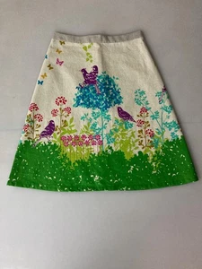 Handgefertigter A-Linien Rock - Echino Leinen-Baumwolle mit bunten Vögeln & Laub auf Flachs - Bild 1 von 17