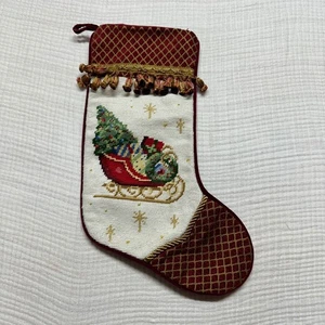 Handmade Christmas Stocking Needlepoint tapestry Sleigh Gifts Red Velvet tassels - Picture 1 of 8