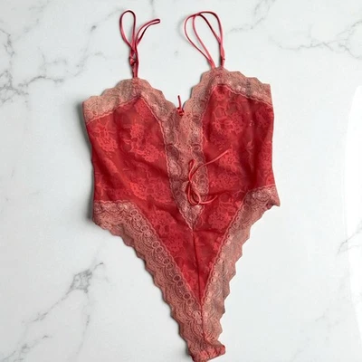 VTG Victorias Secret Gold Label Bodysuit Teddy Sm Peach Lace  Bows Coquette Sexy - Image 1 of 4