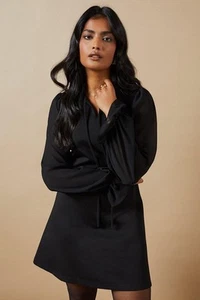 Oasis Womens Mini Dress Black Sheer Sleeve High Neck Ponte Fabric - Picture 1 of 5