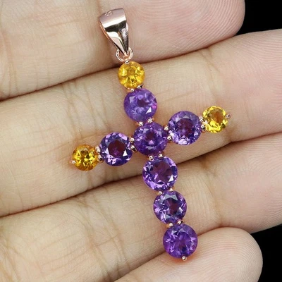 925 Sterling Silver Pendant Round Amethyst Citrine Cross No USA Import Fees - Image 1 of 4